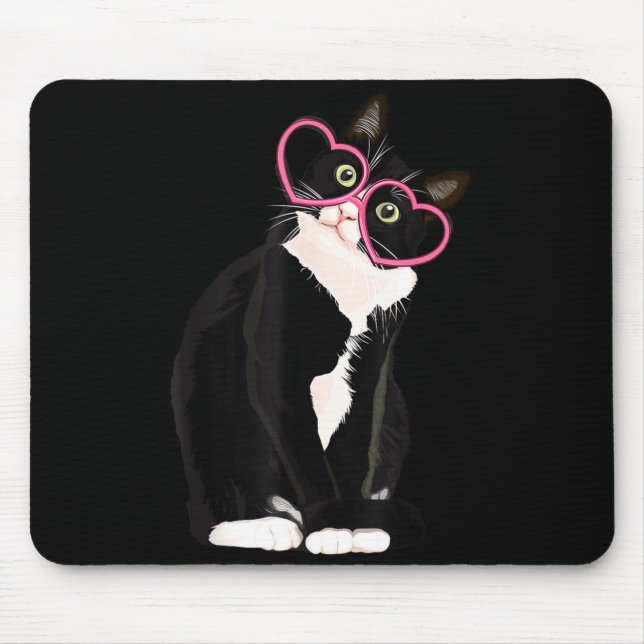 Cool Black Cat Kitten Red Heart Gles Happy Valenti Mouse Mat (Front)