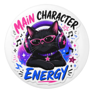Cool Black Cat with Headphones Main Character Ener Ceramic Knob