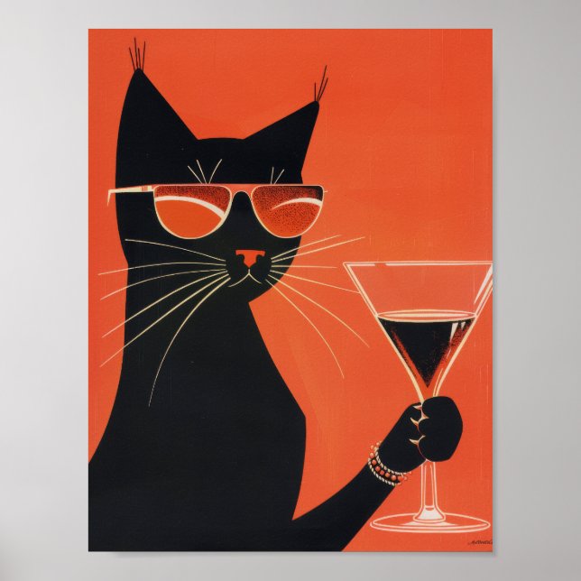 Cool Black Cat with Sunglasses Drinking from a Mug Poster (Front)
