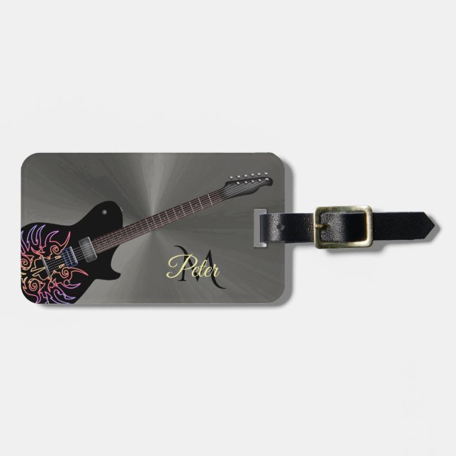 Cool Black Fiery Guitar Monogram Luggage Tag (Front Horizontal)