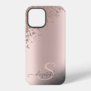Cool Black Glitter Diamonds Rose Gold Monogram iPhone 12 Case