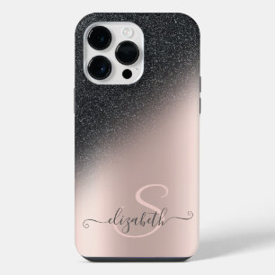 Cool Black Glitter Ombre Rose Gold Monogram iPhone 14 Pro Max Case