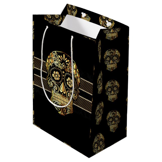 Cool Black & Gold Sugar Skull Day of the Dead Medium Gift Bag (Back Angled)