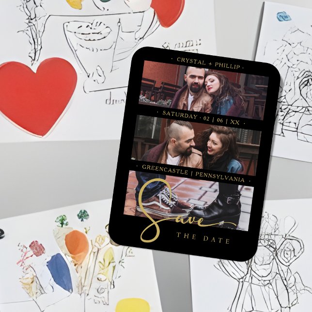 Cool Black Golden Romantic Wedding 3 Multi Photos Magnet (Cool Black Golden Romantic Wedding 3 Multi Photos Save de Date Wedding Magnet)