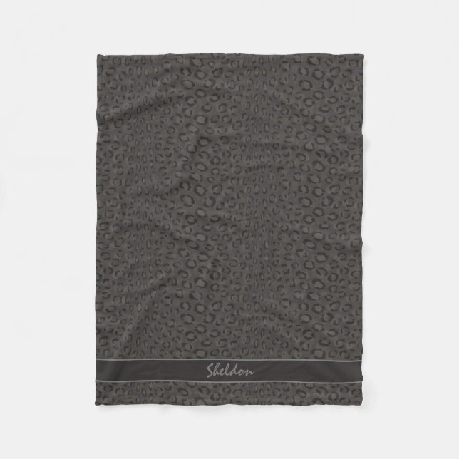 Cool black grey cheetah print monogram fleece blanket (Front)