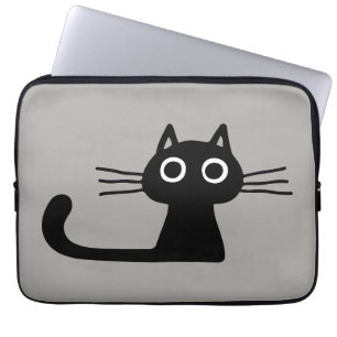 Cool Black Kitty Cat   Whimsical Animal Art Laptop Sleeve