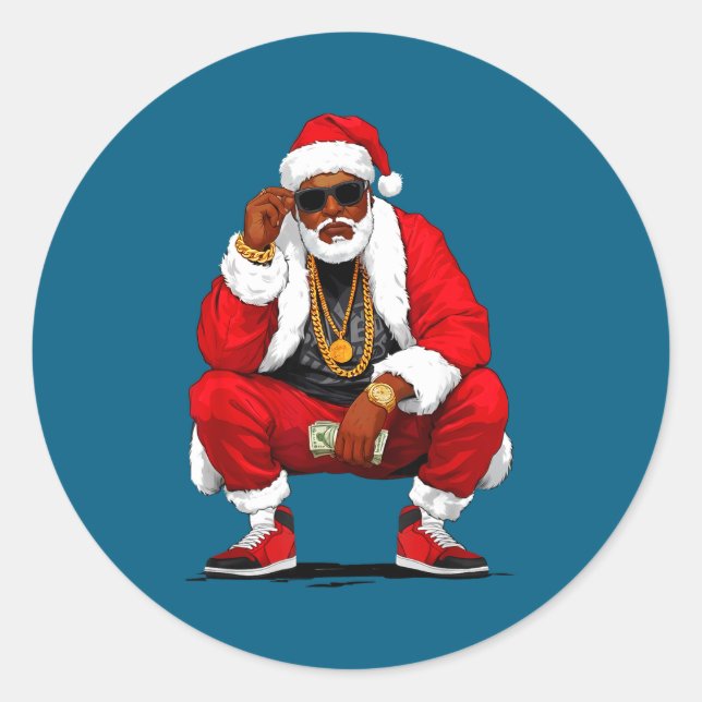 Cool Black Man Santa Claus Christmas African Ameri Classic Round Sticker (Front)