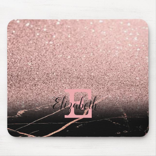 Cool Black  Marble,Glitter, Monogram-Personalised Mouse Mat (Front)