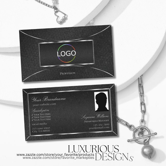 Cool Black Snake Silver Decor with Logo and Photo Business Card (Creator Uploaded)