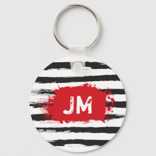 Cool BLACK STRIPES Brushstroke + Custom Monogram Key Ring