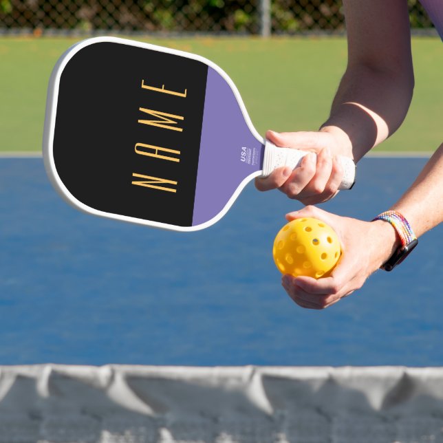 Cool Black Three Quarter Text Bottom Purple Accent Pickleball Paddle (Insitu)