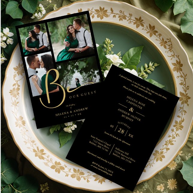 Cool Black Trendy 4 Multi Photos Collage Wedding Invitation (Cool Black Trendy 4 Multi Photos Collage Wedding Invitation Card with Envelope.)