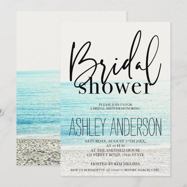 Cool black typography beach photo bridal shower invitation (Front/Back)
