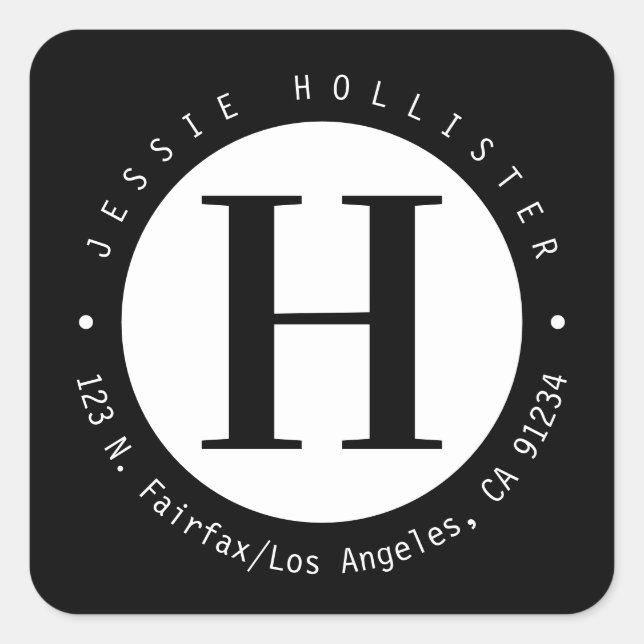 Cool Black & White Circle Monogram Return Address Square Sticker (Front)