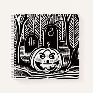 Cool Black White Halloween Pumpkin Cemetery Art Notebook