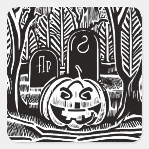 Cool Black White Halloween Pumpkin Cemetery Art Square Sticker