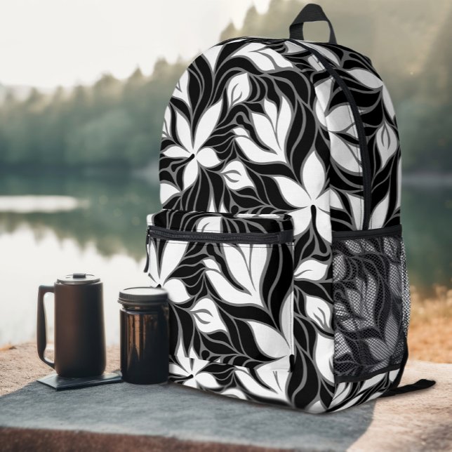 Cool Black White Modern Floral Pattern Flowers Printed Backpack (Cool Black White Modern Floral Pattern Flowers Printed Backpack)