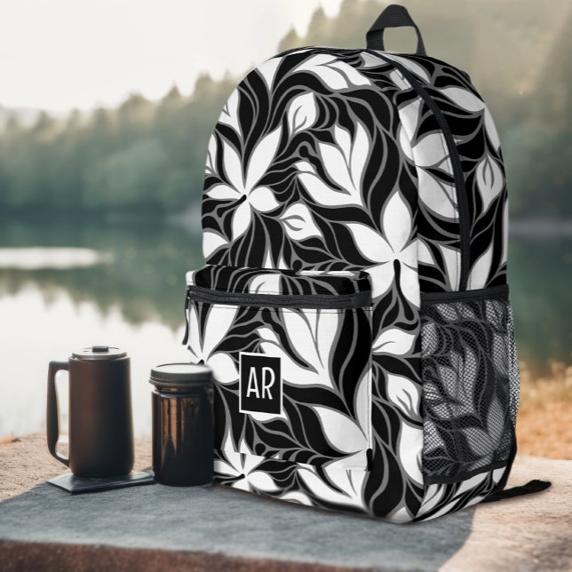 Cool Black White Modern Floral Pattern Monogrammed Printed Backpack (Cool Black White Modern Floral Pattern Monogrammed Printed Backpack
)
