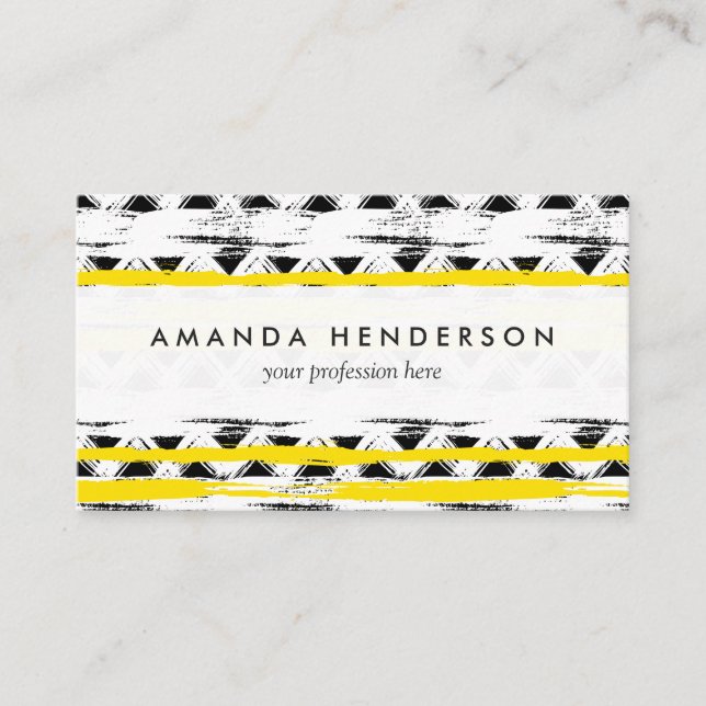 Cool Black White Yellow Stripes Tribal Pattern Business Card (Front)