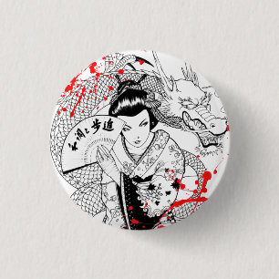 Cool blood splatter geisha with fan dragon tattoo 3 cm round badge