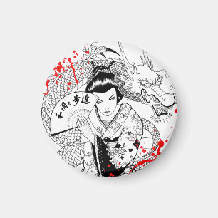 Cool blood splatter geisha with fan dragon tattoo magnet