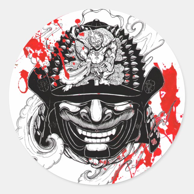 Cool blood splatter samurai demon mask helm tattoo classic round sticker (Front)