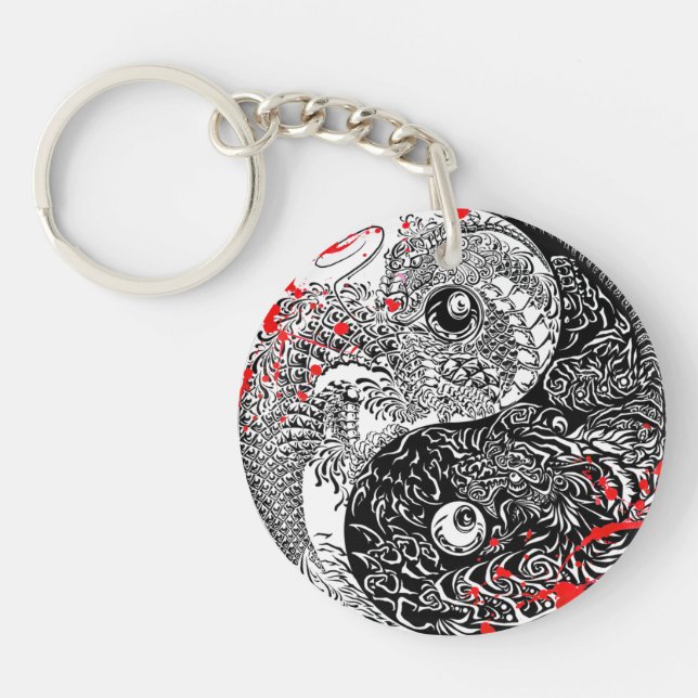 Cool blood splatter Yin Yang Dragons tattoo art Key Ring (Front)
