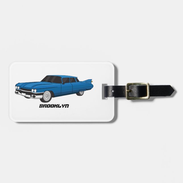 Cool blue 1959 classic car luggage tag (Front Horizontal)