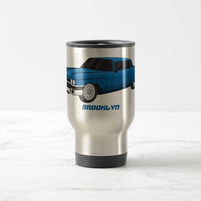 Cool blue 1959 classic car travel mug (Center)