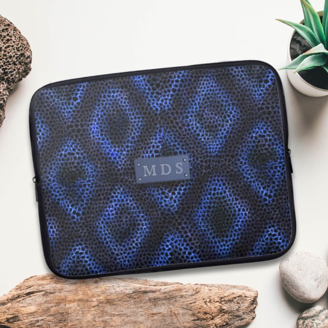 Cool Blue Abstract Pattern Faux Snakeskin Monogram Laptop Sleeve (Cool Blue Abstract Pattern Faux Snakeskin Monogram laptop sleeve just for your initials)