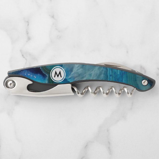 Cool Blue Agate with Monogram Corkscrew (Front)