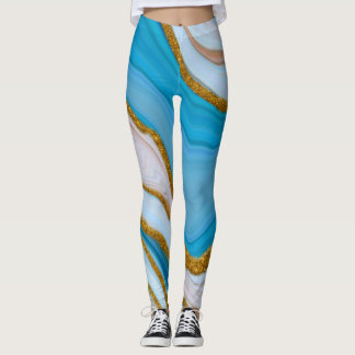 Cool Blue and Gold Marble Look Yoga Leggings