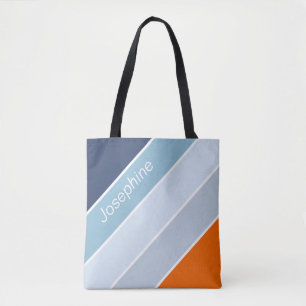 cool blue and orange  modern stripes custom name tote bag