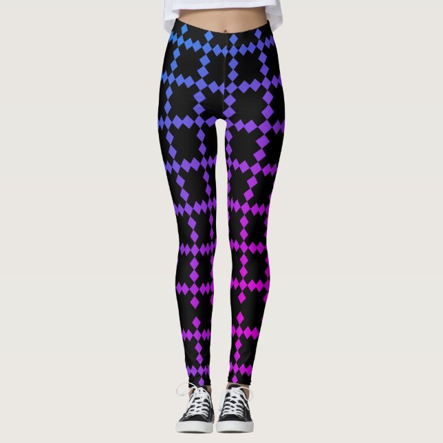 Cool Blue and Purple Colour Tiled Black Leggings (Front)