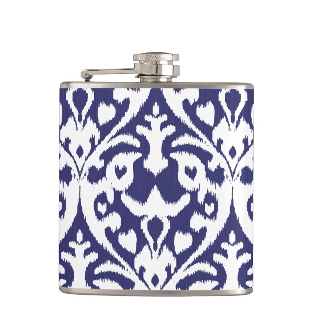Cool blue and white ikat tribal pattern hip flask (Front)