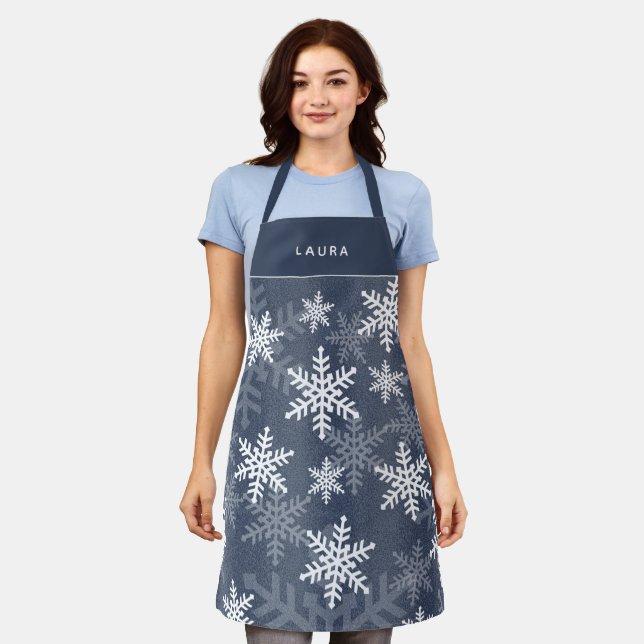 Cool Blue And White Snowflakes Christmas Holiday Apron (Worn)