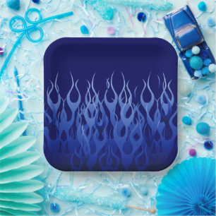 Cool Blue Automotive Racing Flames Paper Plate