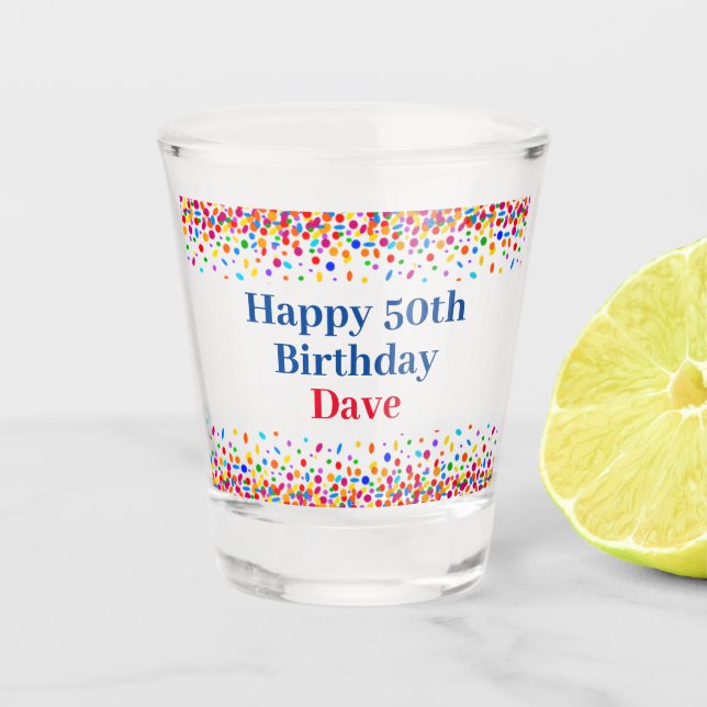 Cool Blue Birthday Colourful Confetti Add Name Age Shot Glass (Front)