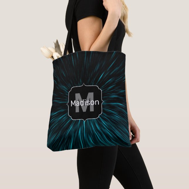 Cool Blue black Hypergalaxy Abstract Line Monogram Tote Bag (Close Up)