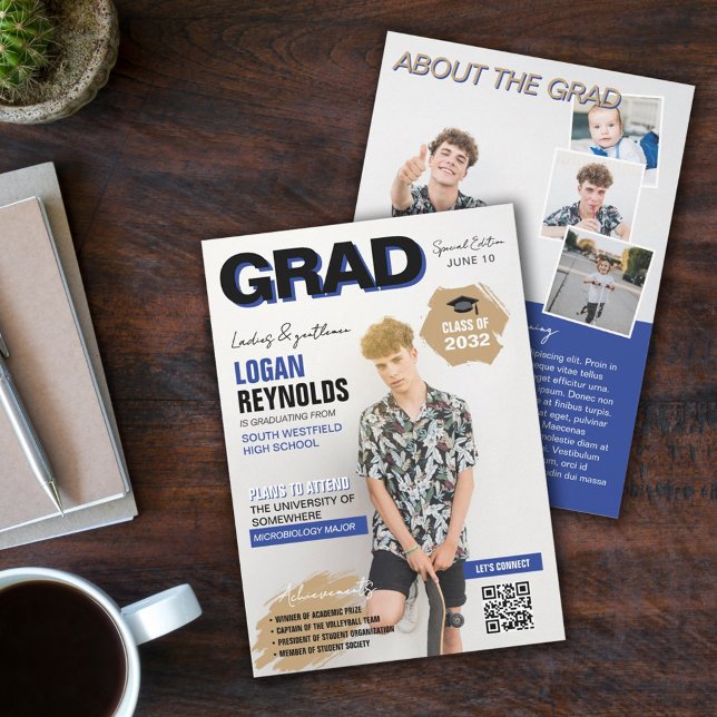 Cool Blue & Black Photos Magazine Cover Graduation Announcement (Creator Uploaded)