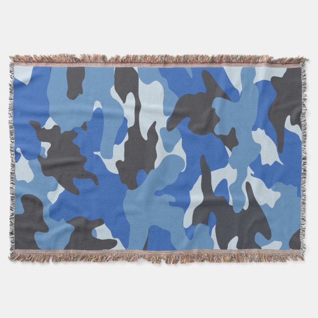 Cool Blue Camo Military Woven Throw Blankets (Front)