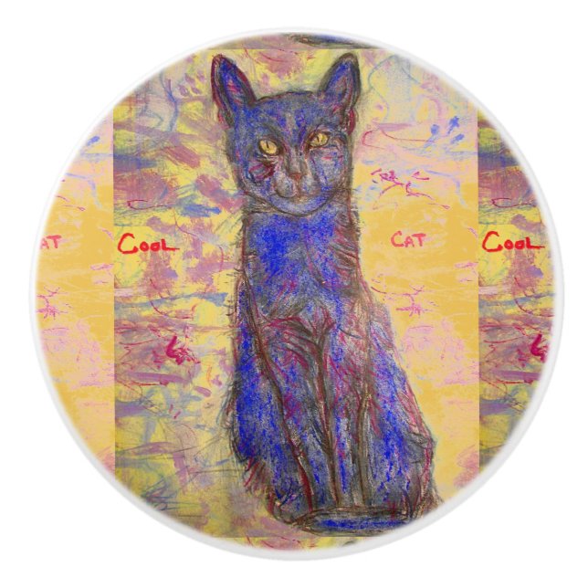 cool blue cat ceramic knob (Front)