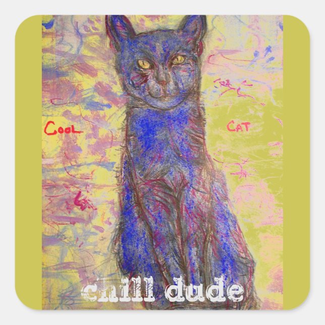 cool blue cat chill dude square sticker (Front)