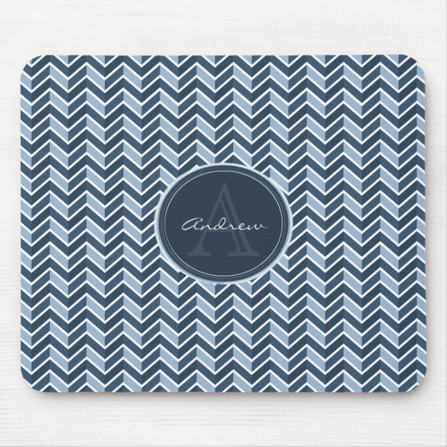 Cool Blue Chevron Pattern Monogram Mouse Mat (Front)