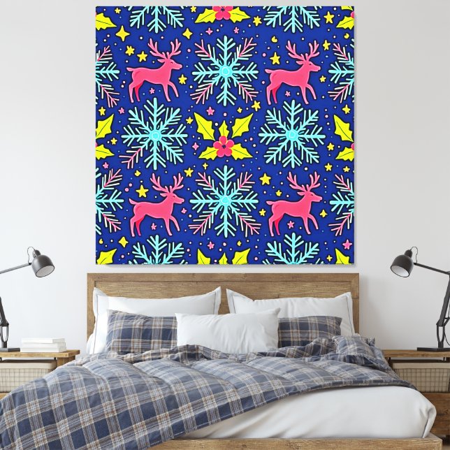 Cool Blue Christmas Reindeer Pattern Design Canvas Print (Insitu(Bedroom))
