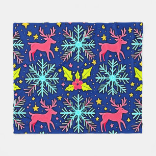 Cool Blue Christmas Reindeer Pattern Design Fleece Blanket