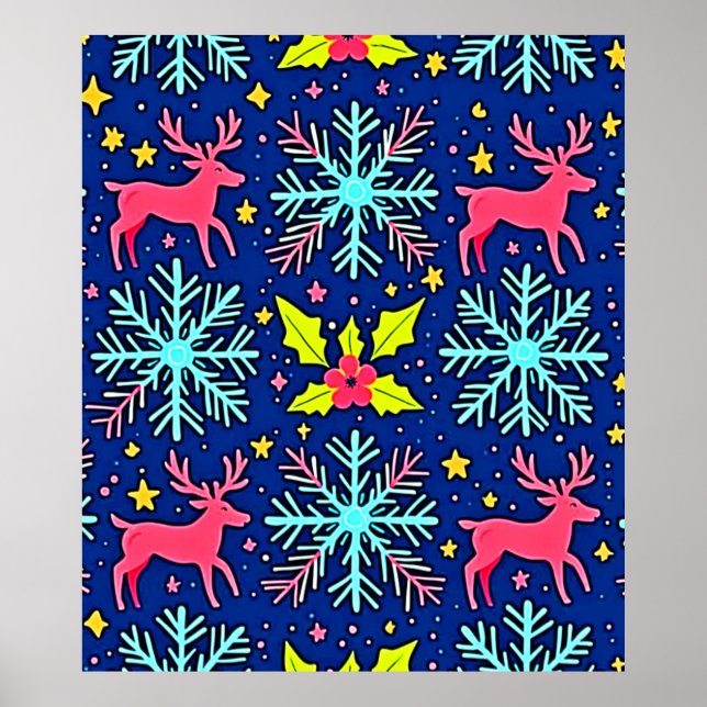 Cool Blue Christmas Reindeer Pattern Design Poster (Front)