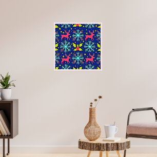 Cool Blue Christmas Reindeer Pattern Design Poster