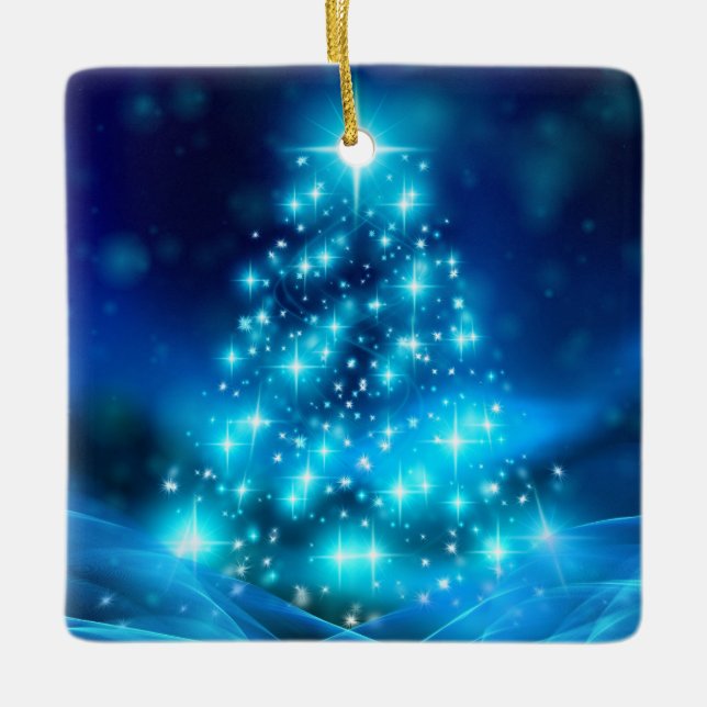 Cool Blue Christmas Tree with Sparkling Lights Ceramic Ornament (Front)