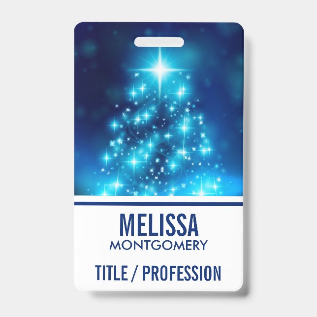 Cool Blue Christmas Tree with Sparkling Lights ID Badge (Front)